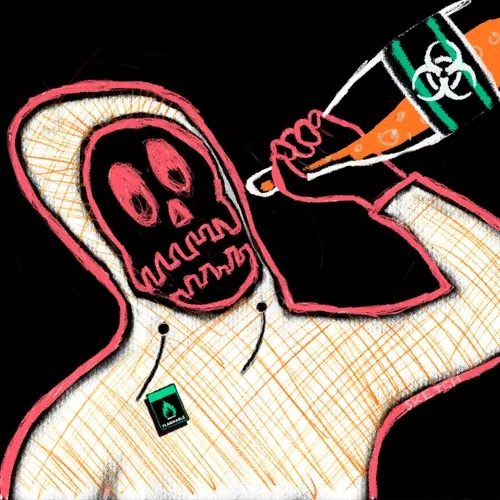 A stylized illustration of a grim reaper in a hooded robe drinking from a large orange and green bottle with a biohazard symbol.