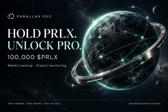 An advertisement for 'PARALLAX PRO' featuring a futuristic Earth with orbiting rings, promoting 'HOLD PRLX. UNLOCK PRO.' for 100,000 $PRLX, with features for wallet tracking and project monitoring.