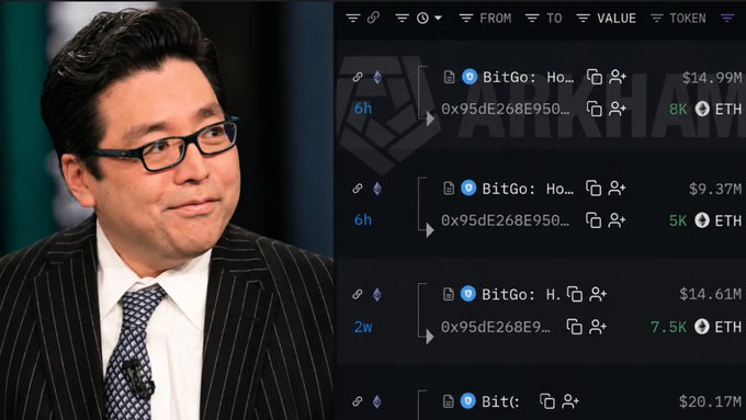 A man in a dark pinstripe suit and glasses appears on the left, next to a cryptocurrency transaction tracking interface labeled 'ARKHAM' with Bitcoin to wallet transfers worth $9.37M and $14.61M ETH.