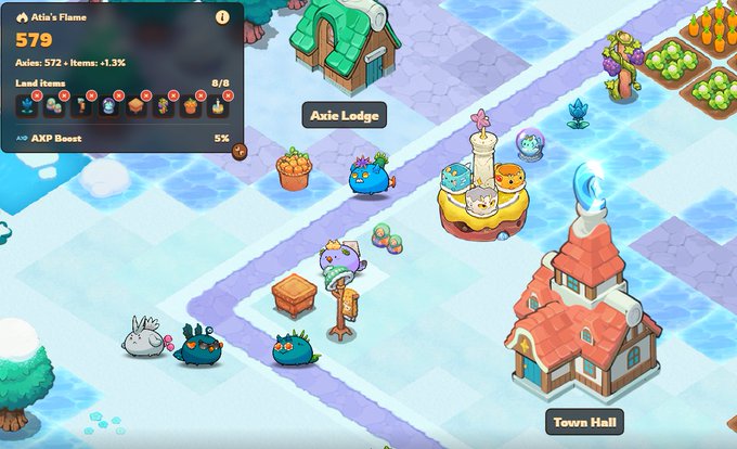 A screenshot of the mobile game 'Axie Infinity' showing 'Atla's Flame' at level 579 with 572 Axies and 1.3% items, featuring a snowy Axie Lodge scene.