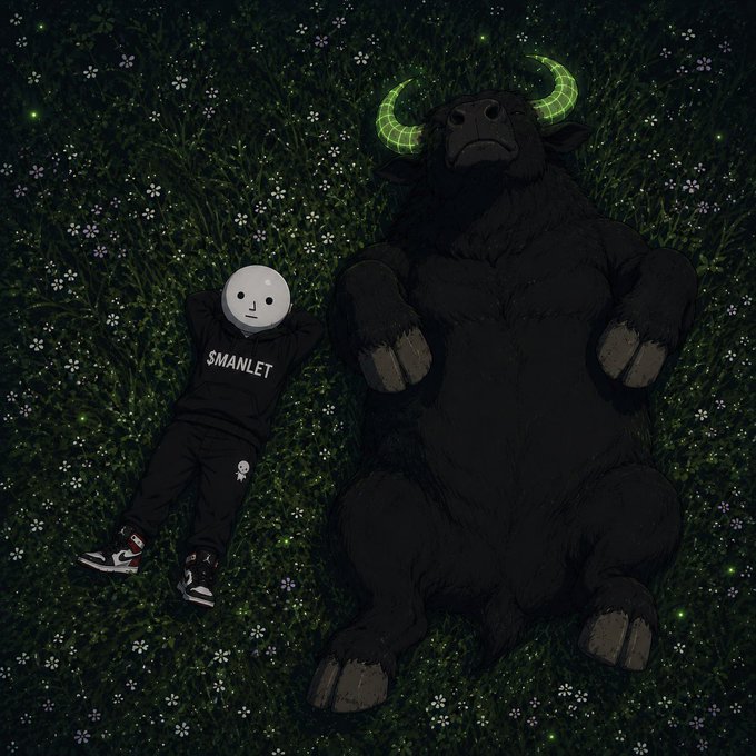 A "$MANLET" merchandise hoodie mascot lies on grass beside a massive, darkened bull with glowing green horns, symbolizing the lore and community spirit behind the Solana Manlet meme culture.