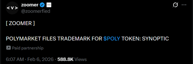The image appears to be a screenshot from a social media post made by a user named "zoomer" who has shared an article about Polymarket files trademark for $POLY ticker. The main content of this post is focused on the $POLY ticker, suggesting that it's related to the Polymarket marketplace and possibly discussing intellectual property issues surrounding it. However, there are several other unrelated things scattered throughout the post which might not have a direct connection with the article or may be meant as additional context, but they do take up space in the screenshot.