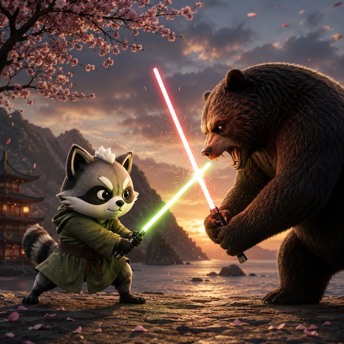 A Star Wars-themed digital artwork showing an adorable baby raccoon Jedi wielding a green lightsaber in a duel against a large brown bear Sith wielding a red lightsaber, set against a Japanese landscape with cherry blossoms at sunset.