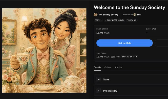 An OpenSea NFT listing page for 'Welcome to the Sunday Society' ERC-721 token on Robinhood Chain, with a top offer of 12.00 USDC.