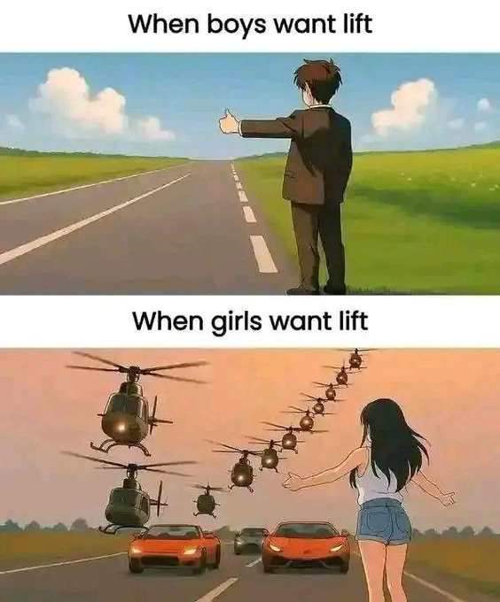 A two-panel anime-style meme: the top panel captioned 'When boys want lift' shows a man hitchhiking on a road, while the bottom panel 'When girls want lift' depicts a woman with an entourage of helicopters and sports cars.