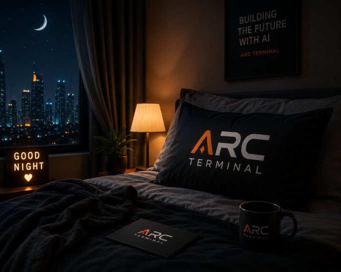 A dark, atmospheric bedroom scene at night featuring ARC Terminal branded merchandise including a pillow and mug, with a 'GOOD NIGHT' sign and a 'BUILDING THE FUTURE WITH AI' poster.