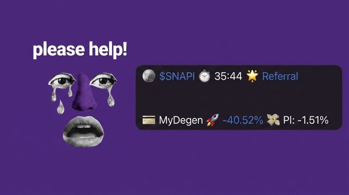 A purple-background meme graphic reading 'please help!' with a crying face emoji and a crypto portfolio showing $SNAPI down -40.52% and PI down -1.51%.