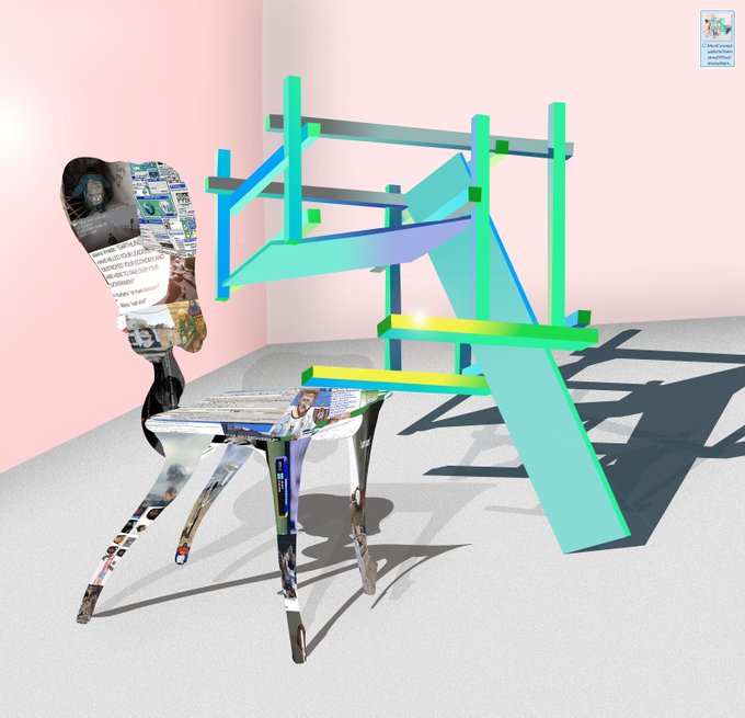 A digital artwork featuring a chair decorated with newspaper clippings and text placed in a room with a pink wall, next to a colorful abstract geometric structure.