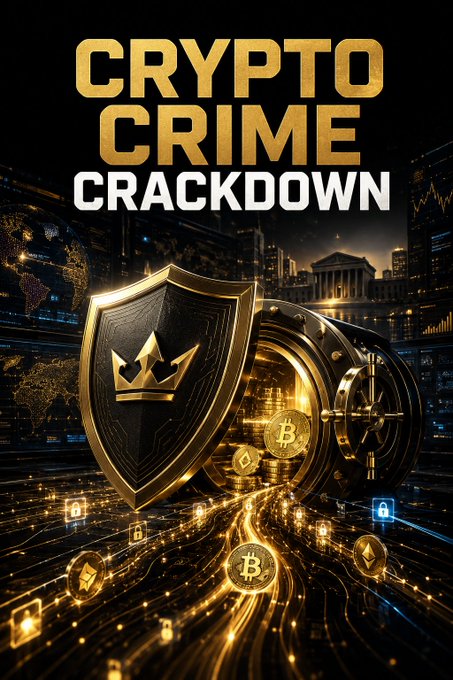 Bold 'Crypto Crime Crackdown' graphic featuring a shield with a crown emblem, a vault, Bitcoin coins, and a background of financial charts and a courthouse.