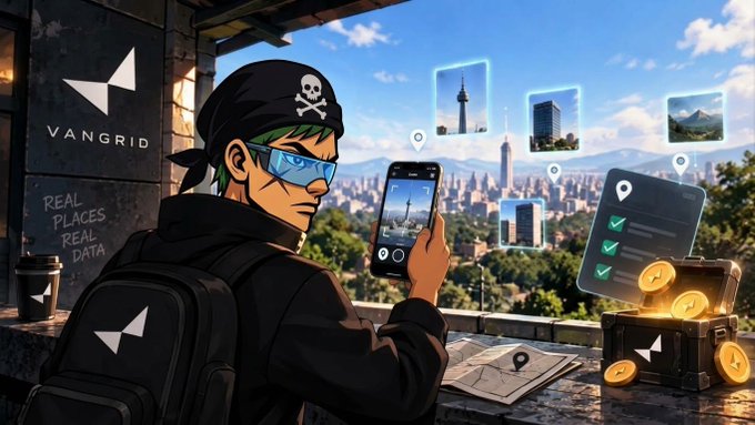 A young adventurer wearing a "VANGRID" backpack and skull bandana uses his phone to capture real-world images for bounties, with floating markers indicating data collection points over a cityscape and a treasure chest of gold coins representing earned rewards. The "VANGRID" branded bag and "REAL PLACES REAL DATA" signage emphasize the platform's mission of location-specific, buyer-directed data collection with monetary incentives.