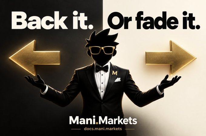 A stylishly dressed figure in a black suit and sunglasses stands with arms outstretched between golden arrows pointing left and right, above the text "Back it. Or fade it." and the Mani.Markets branding with "docs.mani.markets" at the bottom. The image's "Back it or fade it" ultimatum visually echoes the post's argument about backing revenue-generating, deflationary coins like HYPE and PUMP or fading them, reinforcing the choice investors face in this new market cycle.
