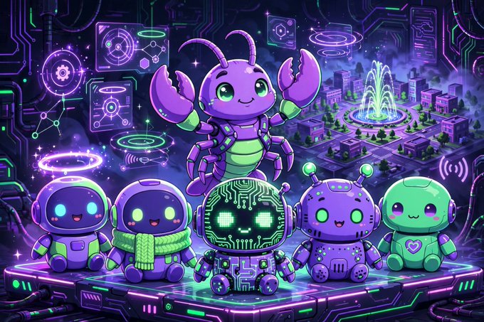 A vibrant digital illustration of cute purple and green robots and a crab-like creature gathered on a platform, with a futuristic cityscape featuring a glowing fountain in the background.