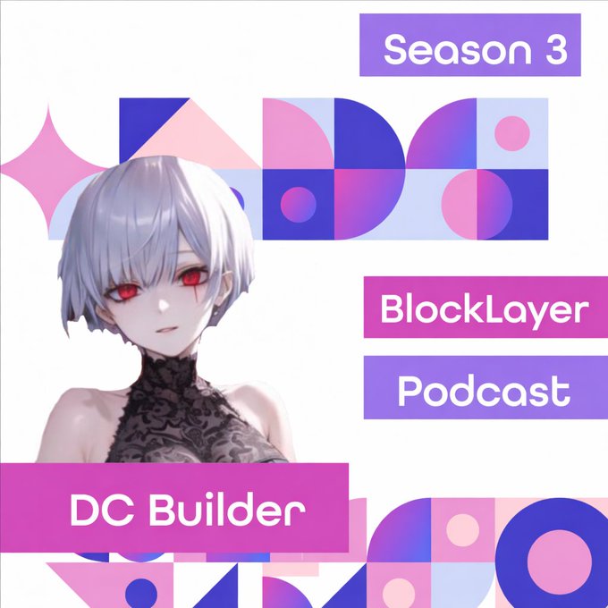 The image features a cartoon girl with red eyes standing next to a purple and blue banner that says "DC Builder" and "Blocklayer Podcast". The girl appears to be wearing a black dress, which adds to the overall theme of the post. The text on the banner suggests that this is an episode of the DC Builder podcast where they discuss topics related to digital identity and finance.