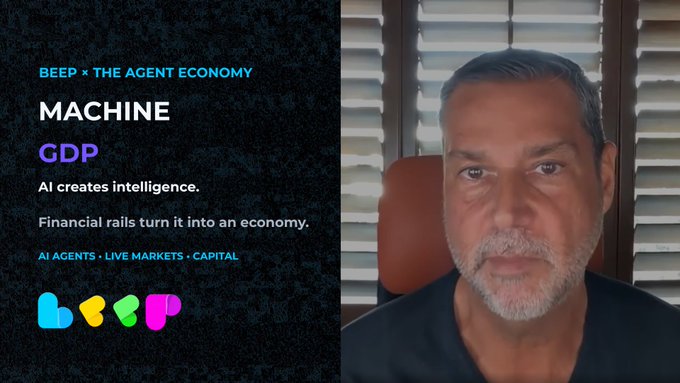 A promotional split-screen for 'BEEP x THE AGENT ECONOMY' featuring 'MACHINE GDP - AI creates intelligence. Financial rails turn it into an economy.' with tags 'AI AGENTS · LIVE MARKETS · CAPITAL', alongside a portrait of a gray-haired man.
