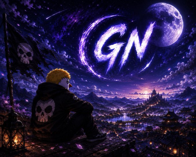 An anime-style illustration shows a blonde character wearing a black jacket with a skull logo, sitting and looking out over a fantasy cityscape at night with the letters 'GN' stylized in purple in the sky.