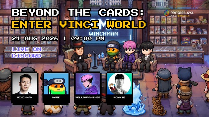 Promotional graphic for the “Beyond the Cards: Enter Vinci World” live Discord AMA, hosted by Winchman on 21 Aug 2026 at 9:00 PM. It features a cartoon game-panel crowd and names Mark, Yellowpanther, and Wonki, with a Renaiss.xyz logo—teasing the community event alongside the VRF and new gacha machine updates mentioned in the post.