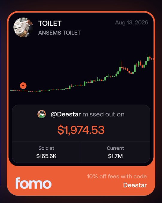 A 'fomo' app notification showing 'TOILET' (ANSEMS TOILET) NFT sold for $165.6K that @Deestar missed out on, currently worth $1.7M with promo code 'Deestar' for 10% off fees.