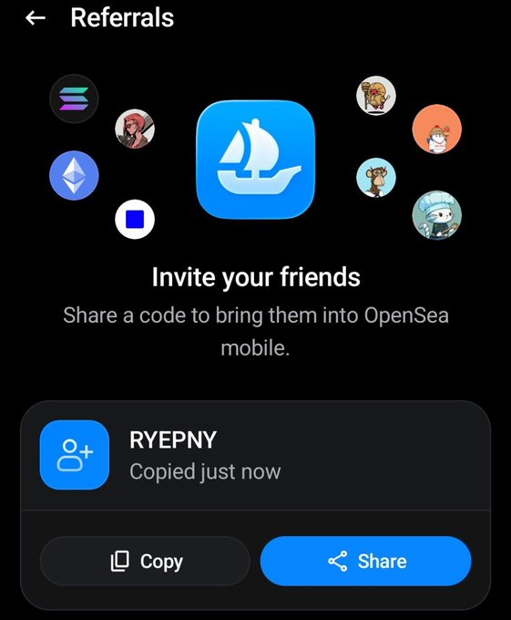 A screenshot of the OpenSea mobile app's Referrals page, displaying the referral code "RYEPNY" with Copy and Share buttons.