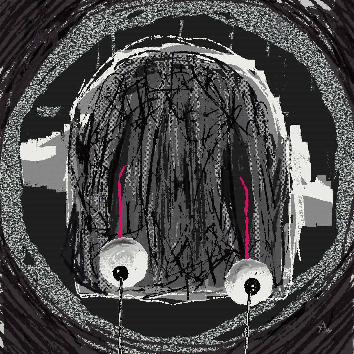 The image features a black and white drawing of a face with two eyes, one red and one white, positioned centrally within the frame. The background consists of a circular pattern that appears to be made up of lines or dots, giving the impression of a maze-like structure. The caption "Interface 007 - 'No Crying in the Casino'" is also present, which seems to be related to the drawing's theme.