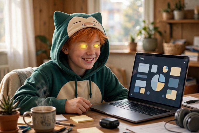 A smiling child with glowing yellow eyes wears a green animal-themed hoodie while using a laptop at a desk; the laptop screen shows dashboard-style widgets and the small word "FBIT".