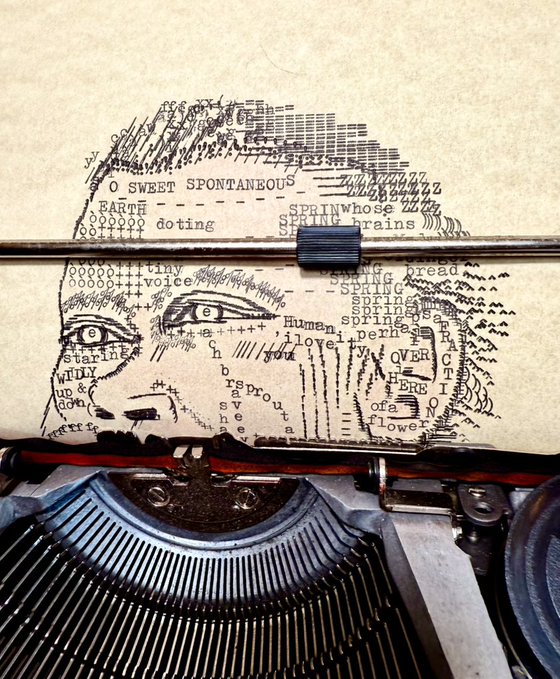 An artistic close-up photograph of an old typewriter with a portrait of William Carlos Williams' face emerging from typed text including lines from his poetry like 'so sweet spontaneous earth' and references to 'spring'.