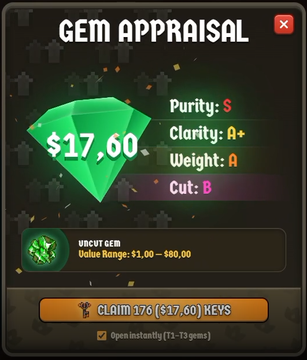 A mobile game 'GEM APPRAISAL' screen showing a green gem valued at $17.60 with stats for Purity, Clarity, Weight, and Cut, offering 176 KEYS to claim.