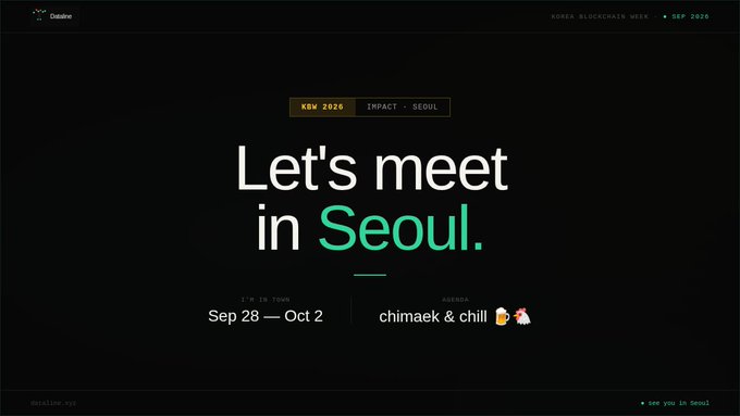 A promotional banner for KBW 2025 in Seoul (Sep 28 – Oct 2) featuring the headline "Let's meet in Seoul." and the agenda "chimaek & chill," directly tied to the post's invitation to meet up at Korea Blockchain Week over fried chicken and beer.