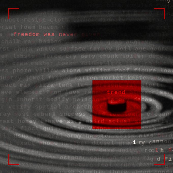 An artistic grayscale image with a water ripple overlay, faint text in the background, and a red square highlighting the word "trend" alongside the phrase "freedom was never given."
