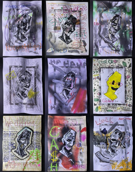 A grid of nine mixed-media artistic portraits combining sketches of a hooded figure with graffiti-style text including 'Here I am', 'We did not agree to this', 'The Hang', and 'Weak', overlaid on newspaper clippings.