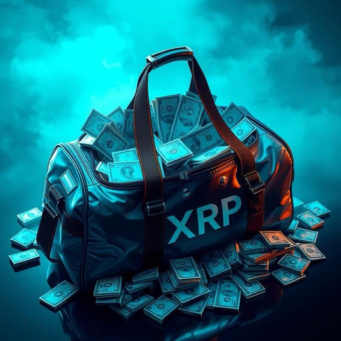 A duffel bag overflowing with stacks of cash, prominently labeled "XRP," sits surrounded by scattered bundles of money against a moody blue backdrop. The image visually reinforces the post's bullish sentiment by portraying XRP as a goldmine of wealth that investors will regret missing out on in five years.