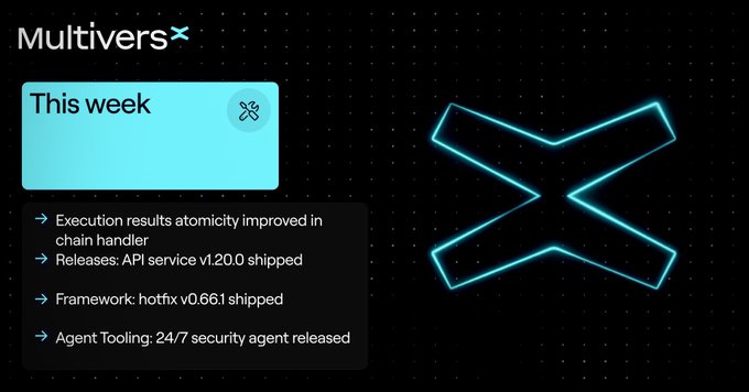 The image shows a presentation slide with a blue x symbol at the center of the screen. The text below the x reads "This week, @MultiversX was focused on critical optimizations for the Supernova upgrade, including post audit security hardening, governance test refactoring, and improvements to VM infrastructure and agent tools".