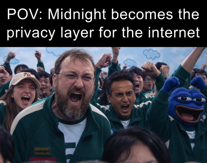 A promotional image with the text "POV: Midnight becomes the privacy layer for the internet" showing enthusiastic fans, including a blue mascot, cheering in green tracksuits.