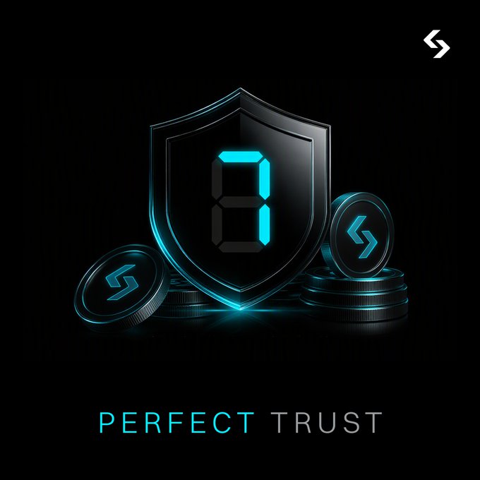 A dark, stylized graphic featuring a glowing teal shield with a digital '8' inside, flanked by stacked coins bearing a logo, with the text 'PERFECT TRUST' displayed below on a black background.