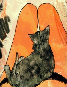 A watercolor-style painting of a black cat seen from behind, sitting against a vibrant orange background.