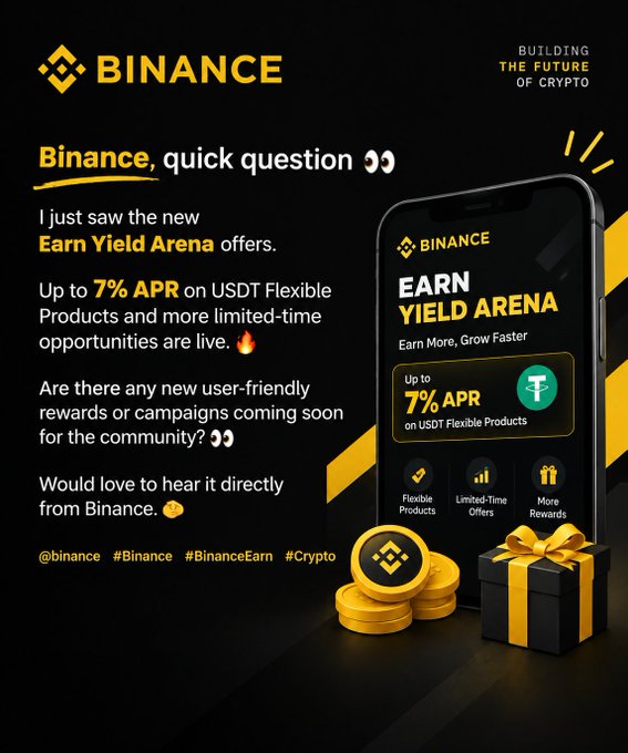 A Binance promotional graphic featuring a phone displaying the 'Earn Yield Arena' app, with text highlighting 'Up to 7% APR on USDT Flexible Products' and hashtags like #Binance and #Crypto.