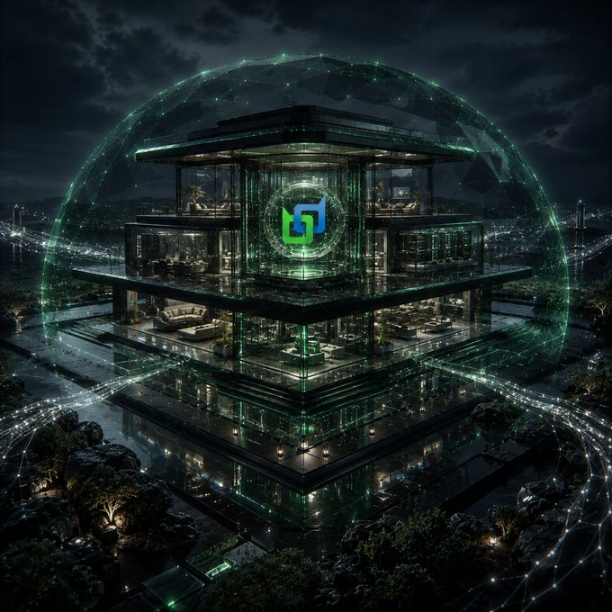 A futuristic digital rendering of a multi-tiered glass building at night with a glowing green Beldex (BDX) logo displayed on its facade, surrounded by an illuminated energy dome.