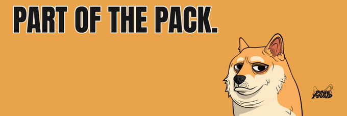 An illustrated graphic with an orange background reading 'PART OF THE PACK.' in bold black letters, featuring a cartoon Shiba Inu dog with the logo 'FOUR POUND' in the corner.