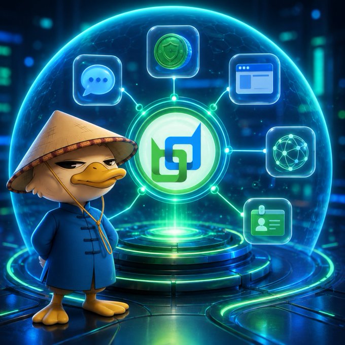 A 3D rendered duck character wearing a traditional Asian conical hat and blue robe standing before a glowing Beldex cryptocurrency logo surrounded by floating app icons.