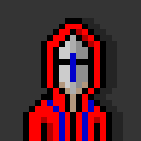A minimalist pixel art sprite of a character with red hair and a blue outfit against a dark gray background.