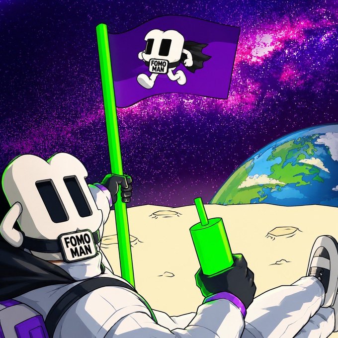 This image depicts a character labeled "FOMO MAN" planting a flag with the same logo on the moon, holding a green candlestick representing the $fomo token, and looking at Earth. This visual represents the "FOMO MAN" app's upcoming token airdrop to its users once they reach a significant milestone.