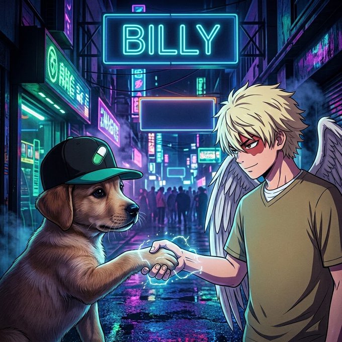 Anime-style artwork depicting a blonde angel boy fist-bumping a dog wearing a backwards cap under a neon "BILLY" sign.