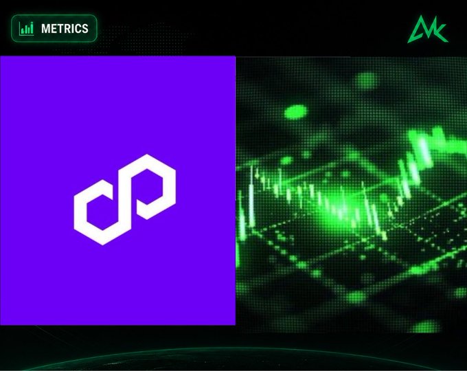 A thumbnail-style image with 'METRICS' label in the top left, featuring the purple Polygon (MATIC) logo on the left side against a dark background with green digital/tech graphics on the right.