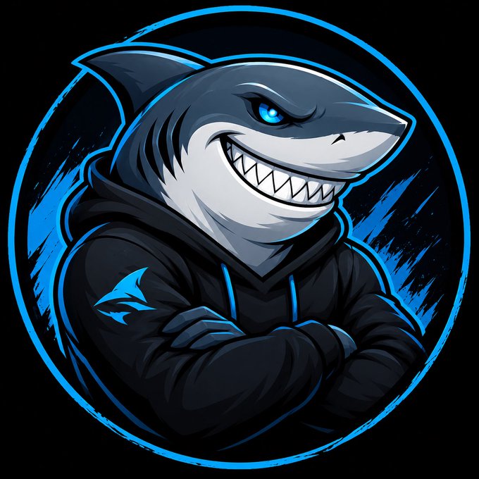 The image features a black and blue graphic design of a shark with its arms crossed, wearing a hoodie. The shark has an unusual blue eye that gives it a cool vibe. A post by "SHARK ARMY MISSION" encourages viewers to update their X profile picture to show the shark's logo as a way of joining a movement for sharks and supporting shark conservation efforts. These sharks are considered the "coolest sharks," and they are rewarded with surprise gifts in their wallet. This message is relevant to the image, as it highlights an artistic representation of sharks while promoting awareness and action towards their preservation.