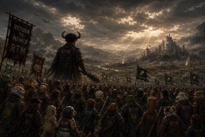 The image depicts a massive army of meme warriors rallying under banners reading "RETURN TO MEMES" and "RTM," led by a horned figure toward a distant citadel, symbolizing a determined push to revive meme culture and propel $ANSEM to a $500M market cap.