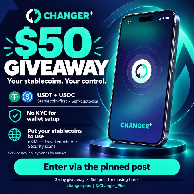 A promotional graphic for a 'CHANGER+' $50 giveaway promoting stablecoin wallets with 'No KYC' and self-custodial services, directing viewers to 'changer.plus | @Changer_Plus'.
