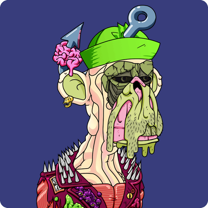 A grotesque cartoon mutant NFT character with an exposed brain, gaping mouth, spiked jacket, and green headband pierced by a key, fitting the "Mutant #1944" from the "Return to Monke" collection purchased for 1.14 WETH.