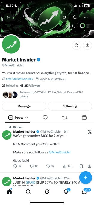 A Twitter/X profile for 'Market Insider' (@MrketInsider) with bio 'Your first mover source for everything crypto, tech & finance,' showing a pinned giveaway post offering a $100 SOL wallet.