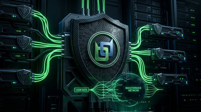 A dark, futuristic graphic showing a central shield emblem with a green logo, connected by glowing green cables to server units, labeled 'USER DATA' and 'MASTERNODE NETWORK.'
