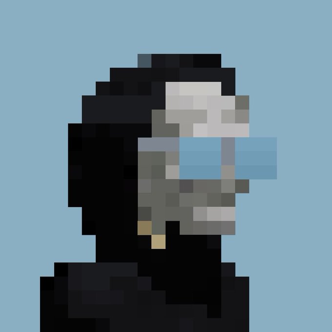 A low-resolution pixel art style portrait of a figure wearing a black hooded garment and futuristic visor or glasses with a blue lens, set against a light blue background.