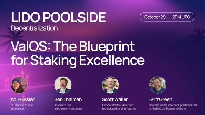 A purple event poster for “LIDO POOLSIDE” and “ValOS: The Blueprint for Staking Excellence” lists “October 29 | 2PM UTC” and speakers Adi Hussen, Ben Thalman, Scott Waller, and Griff Green with their roles and organizations.